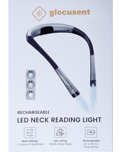 Glocusent Book Light, 3-Color & 6-Brightness Reading Light, Bendable Neck Light, 80-hr Lasting Rechargeable Lamp, Perfect Book Light for Reading in Bed, Knitting, Camping, Repairing, Book Lovers Gifts