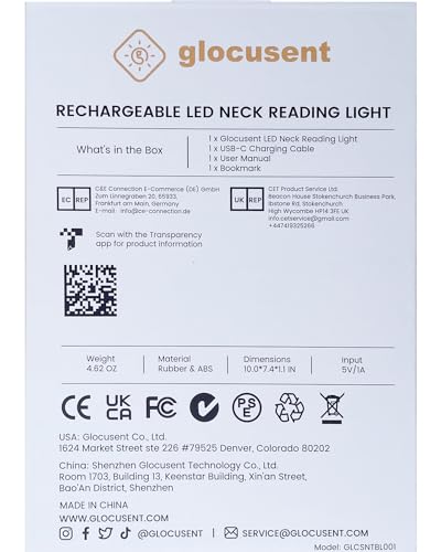 Glocusent Book Light, 3-Color & 6-Brightness Reading Light, Bendable Neck Light, 80-hr Lasting Rechargeable Lamp, Perfect Book Light for Reading in Bed, Knitting, Camping, Repairing, Book Lovers Gifts