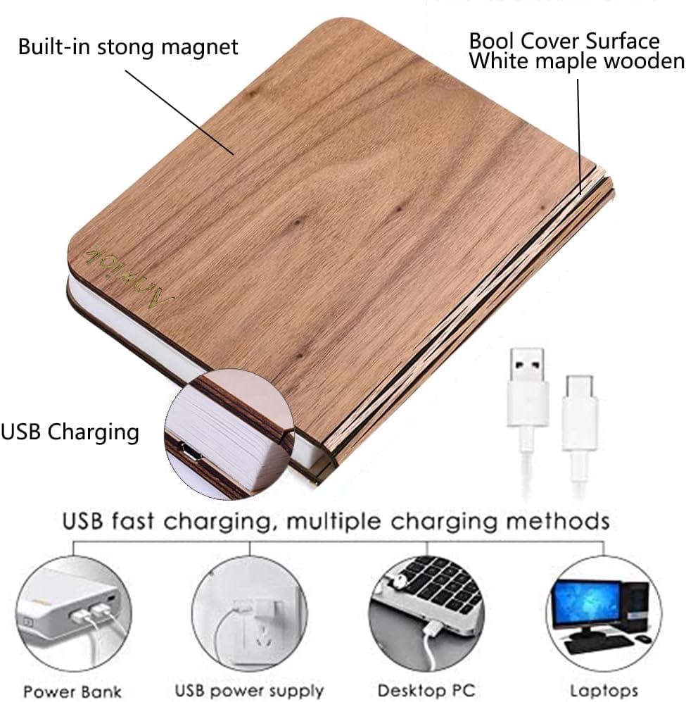Anwick Lamp Book Large Size Folding Mood Light, Novelty LED Night Light, USB Large Capacity Rechargeable Wooden Table Lamp