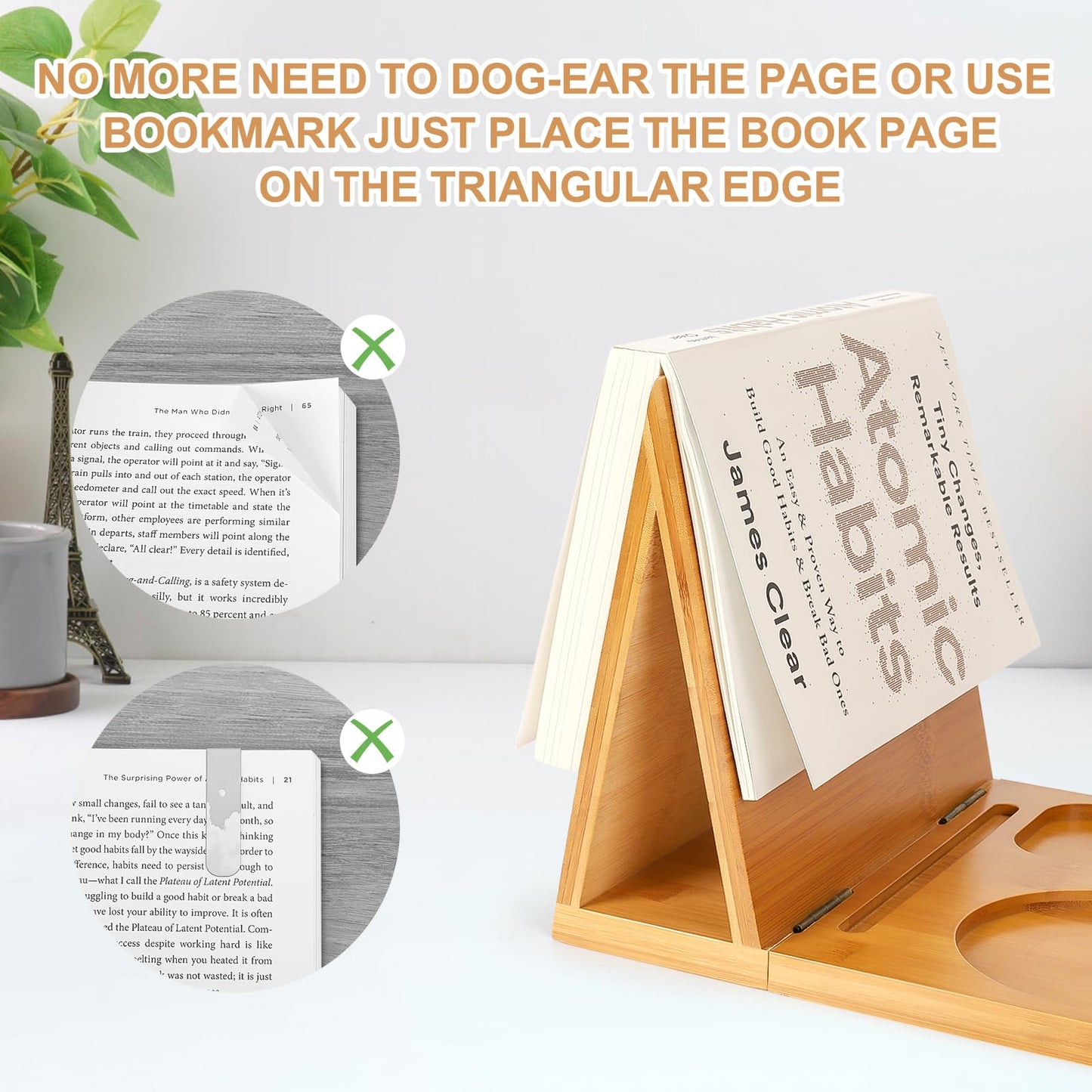 3HQ Wooden Book Stand Holder for Page Rest, Unique Book Nook Reading Valet with Cup, Glasses & Pen Holder, Book Lovers Gift Ideas
