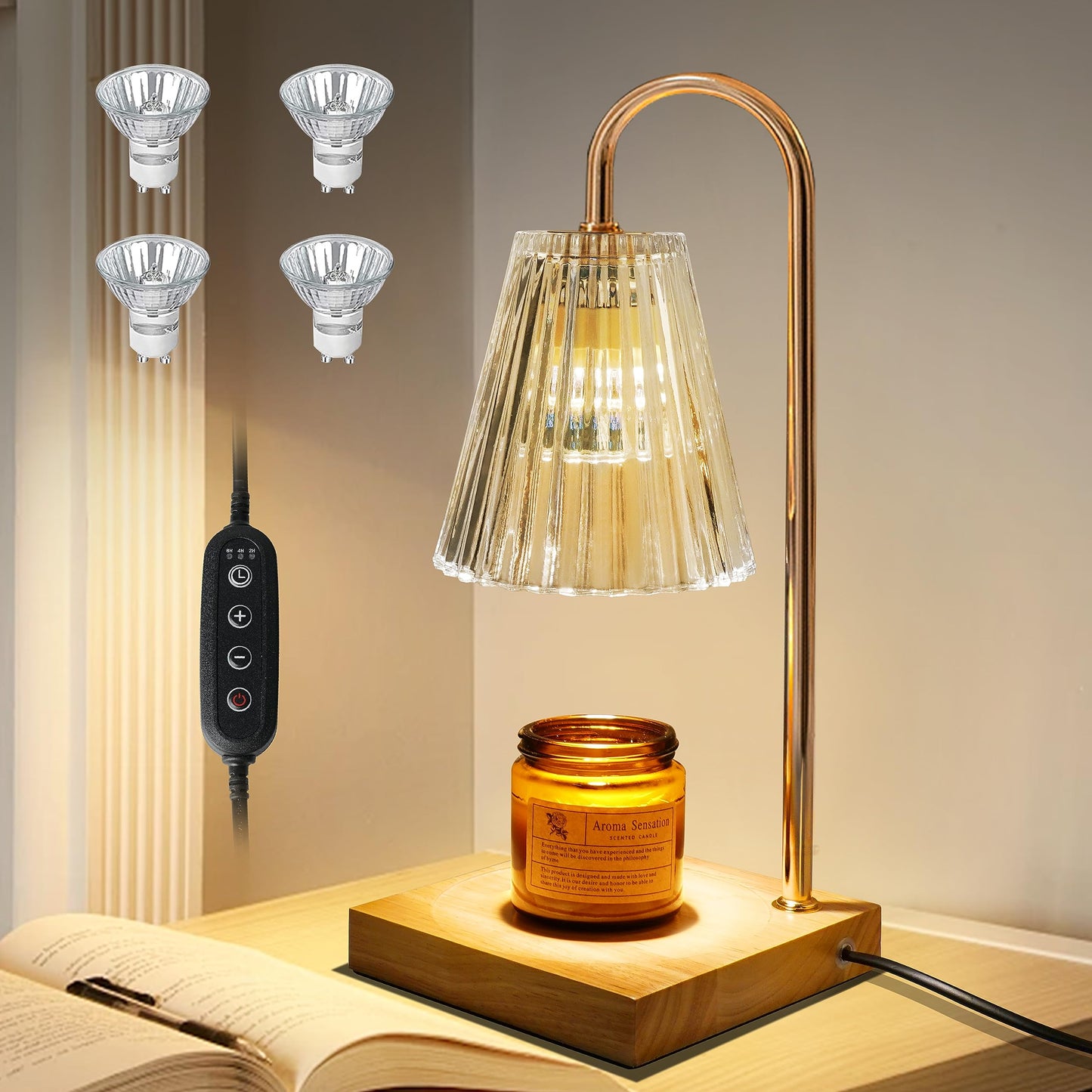 Candle Warmer Lamp - Dimmable Scented Electric Candle Warmer with Timer, Compatible with Large & Small Candle Jars, 4 Bulbs Included(Clear)