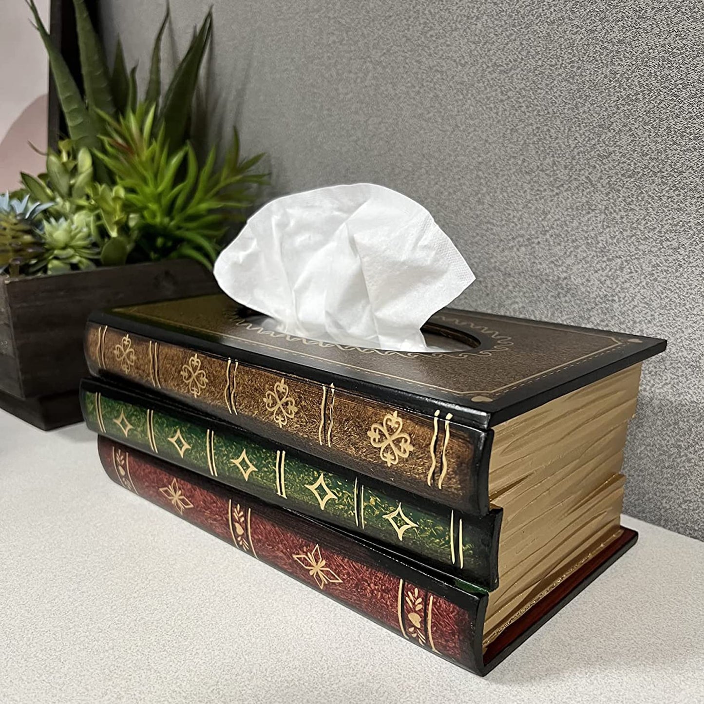 Crafted Classical Retro Wooden Antique Book Tissue Box Cover Rectangular Tissue Holder Dispenser Paper Cover Case Napkin Holder Home Decor for Bathroom Living Room Office car Kitchen