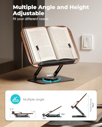 Viozon Book Stand for Reading,Book Holder, Height&Angle Adjustable, 360° Rotating Base, Foldable & Portable, Lightweight for Office, Kitchen, School Textbook, Recipe, Magazine,Kindle,Tablet