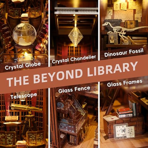 Book Nook Kit, DIY Miniature Dollhouse Booknook Kit, 3D Wooden Puzzle Bookend Bookshelf Insert Decor with LED Light for Teens and Adults (Beyond Library)