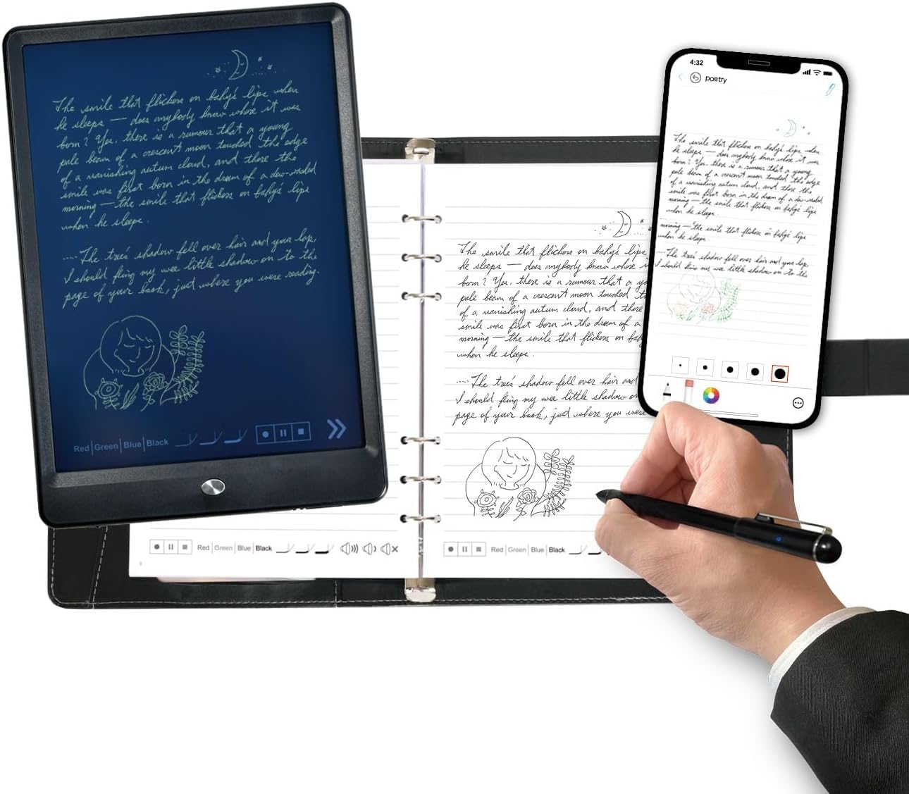 Ophayapen Smart Pen+Notebook+Writing Board, SmartPen Real-time Sync for Digitizing, Storing, and Sharing Paper Notes, Use with Ophaya Pro+ App，Compatible with Smartphone (Android and iOS)