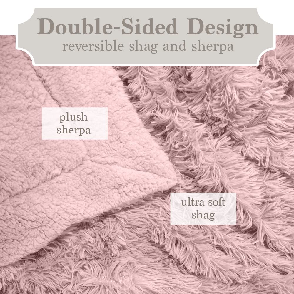 The Connecticut Home Company Throw Blanket, Soft Plush Reversible Shag and Sherpa, Warm Thick Throws for Bed, Comfy Washable Bedding Accent Blankets for Sofa Couch Chair, 65x50, Dusty Rose