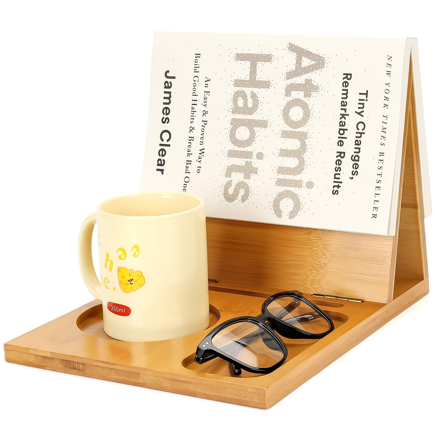 3HQ Wooden Book Stand Holder for Page Rest, Unique Book Nook Reading Valet with Cup, Glasses & Pen Holder, Book Lovers Gift Ideas