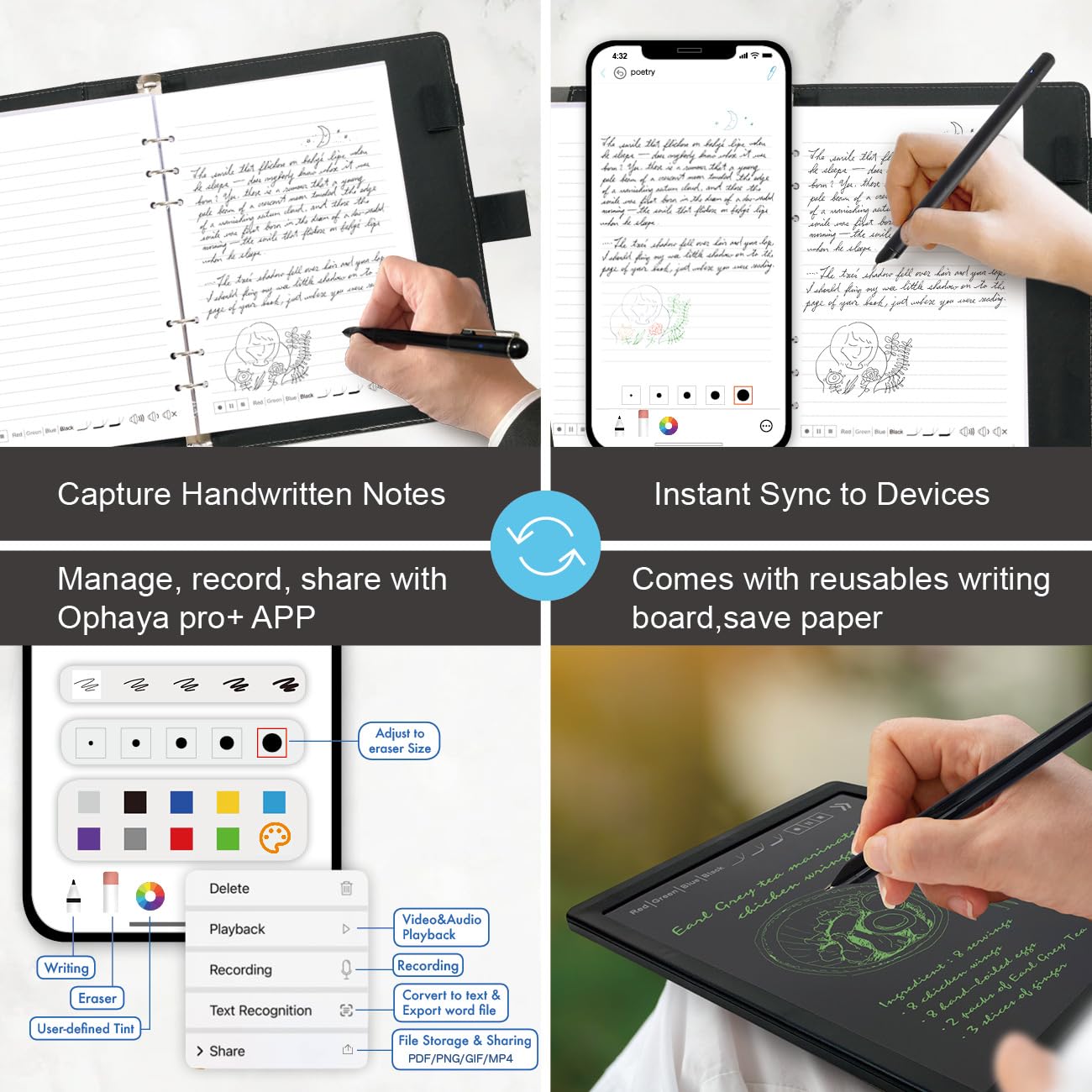 Ophayapen Smart Pen+Notebook+Writing Board, SmartPen Real-time Sync for Digitizing, Storing, and Sharing Paper Notes, Use with Ophaya Pro+ App，Compatible with Smartphone (Android and iOS)