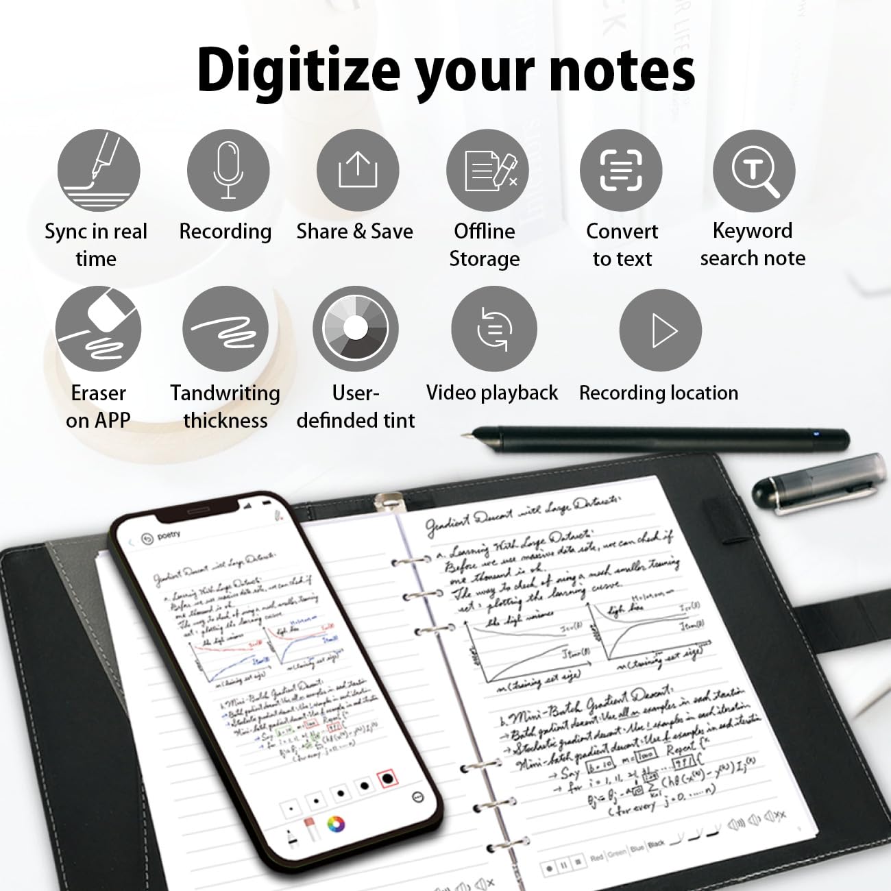 Ophayapen Smart Pen+Notebook+Writing Board, SmartPen Real-time Sync for Digitizing, Storing, and Sharing Paper Notes, Use with Ophaya Pro+ App，Compatible with Smartphone (Android and iOS)