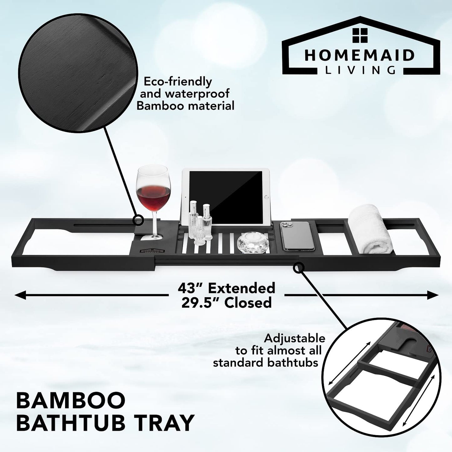 Homemaid Living Luxury Bamboo Bathtub Trays for Tub - Expandable Bathroom Tray with Reading Rack or Tablet Holder, Premium Bath Tray with Wine Glass Holder, Bathroom Caddy, Fits All Bathtubs (Black)