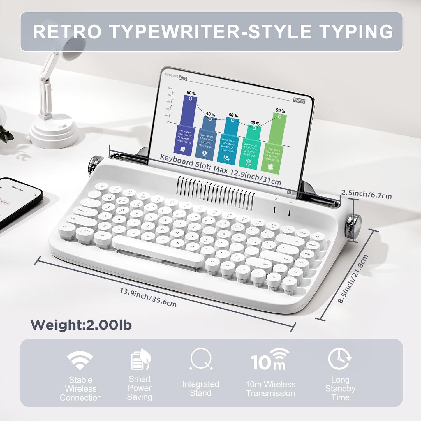 YUNZII ACTTO B303 Wireless Keyboard, Retro Bluetooth Aesthetic Typewriter Style Keyboard with Integrated Stand for Multi-Device (B303, Snow White)