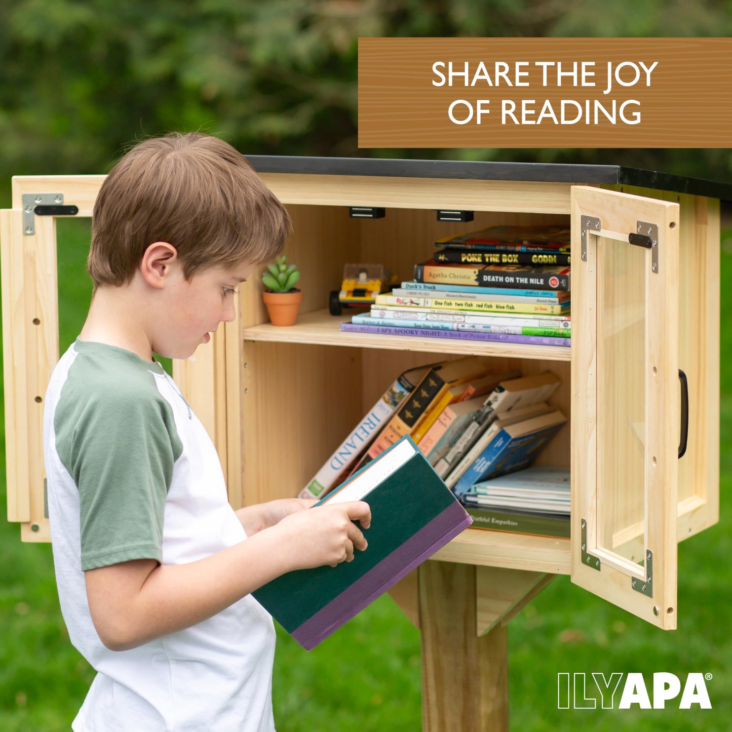 Ilyapa Little Free Library Box Outdoor Kit Free Community Book Exchange 20x14x19 inch Wood Cabinet for Sharing Literature, Books, Flyers, Food & Art with Your Neighborhood, Students or Teachers