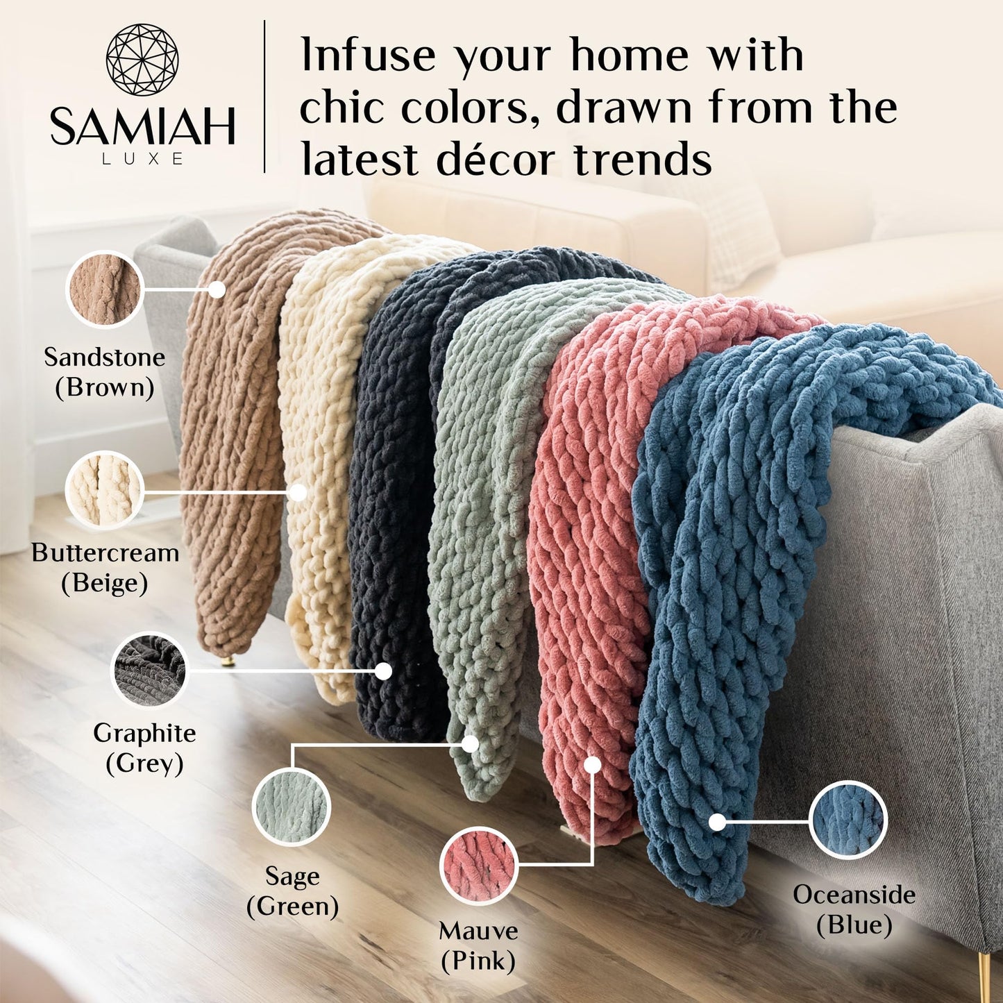 SAMIAH LUXE Chunky Knit Blanket Throw 50x70, Cream Chunky Knit Throw Blanket for Couch, Large Chunky Knitted Throw Blanket, Chenille Throw Blanket, Knit Throw Blanket for Bed, Knit Chunky Blanket