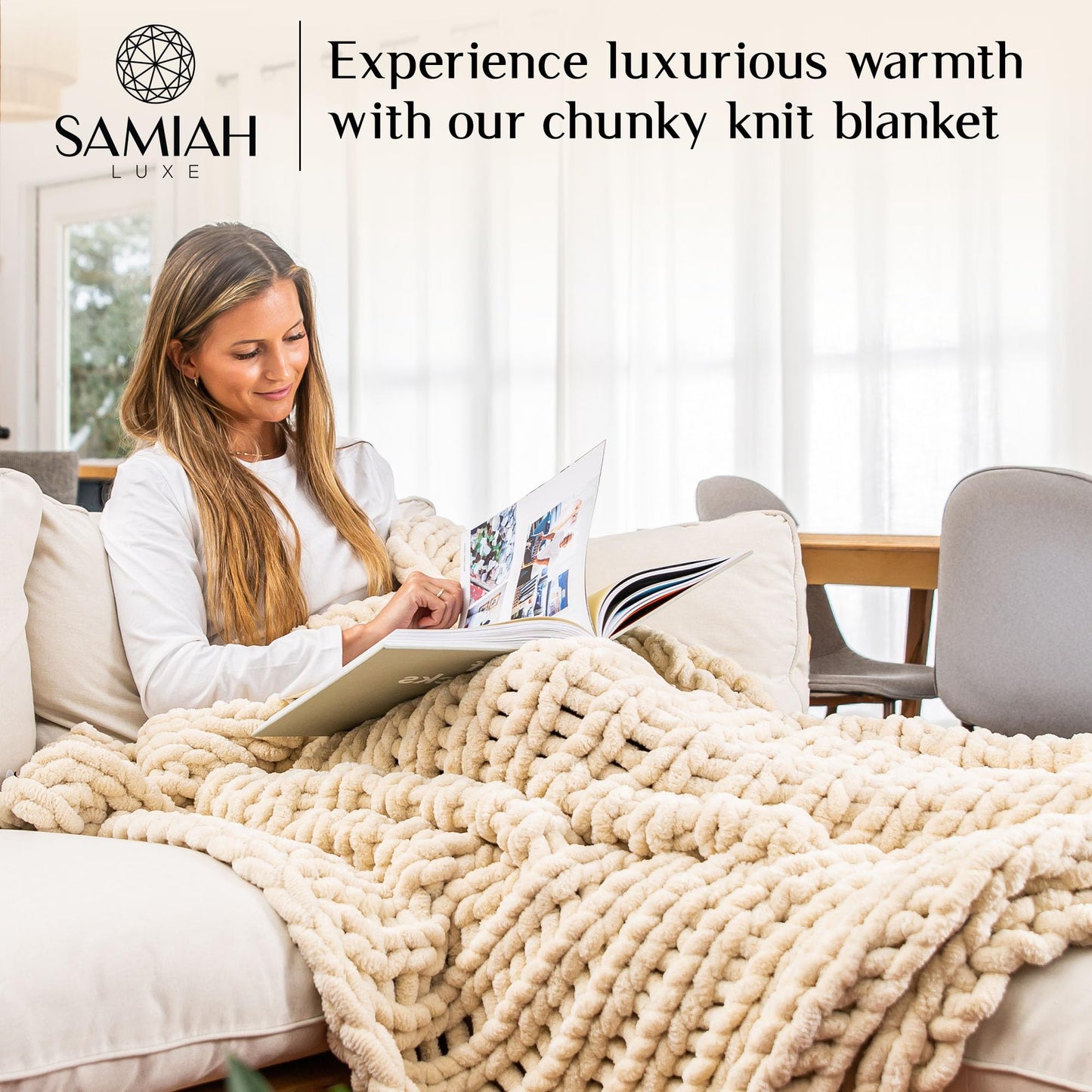 SAMIAH LUXE Chunky Knit Blanket Throw 50x70, Cream Chunky Knit Throw Blanket for Couch, Large Chunky Knitted Throw Blanket, Chenille Throw Blanket, Knit Throw Blanket for Bed, Knit Chunky Blanket