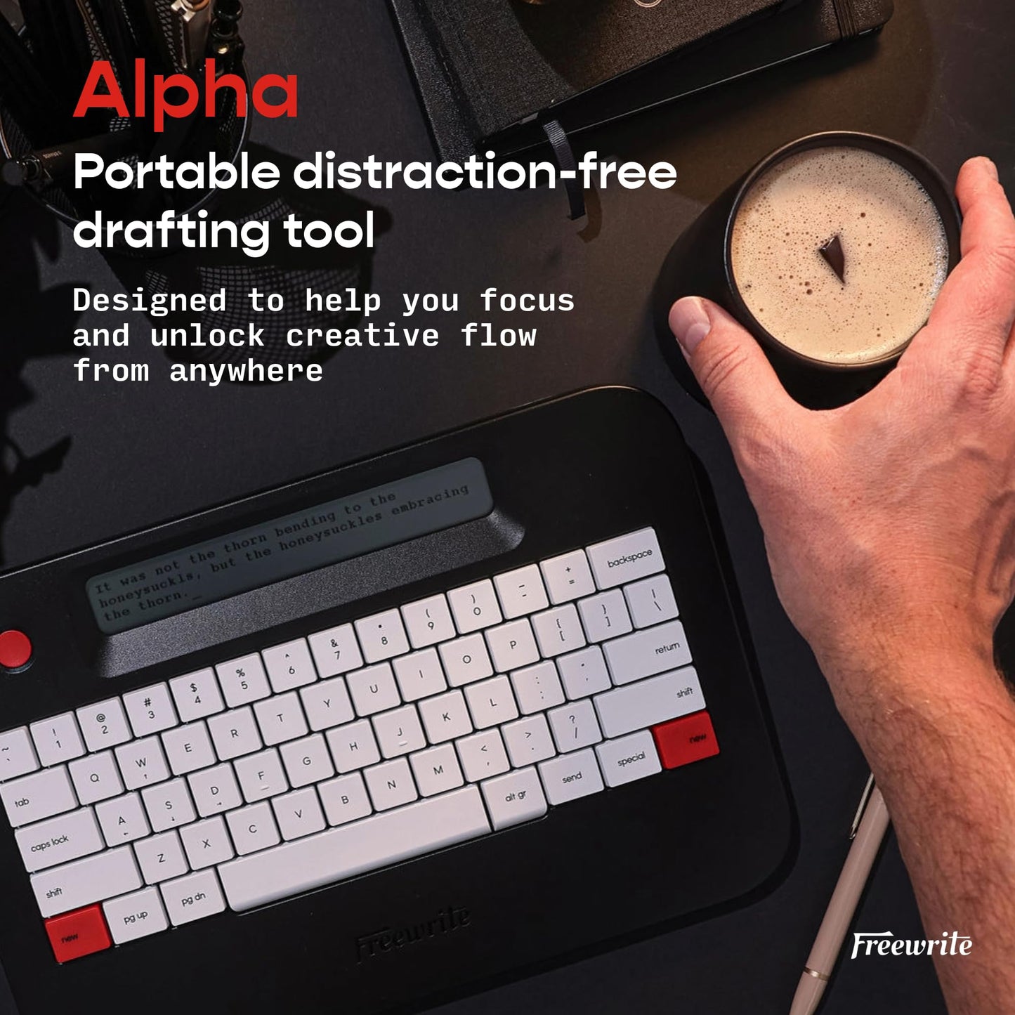 Freewrite Alpha | Portable Digital Typewriter with LCD Display, Long Battery Life, & Wi-Fi Backup for Writers | Distraction-Free Word Processor | Electronic Typewriter w/Full-Size Mechanical Keyboard