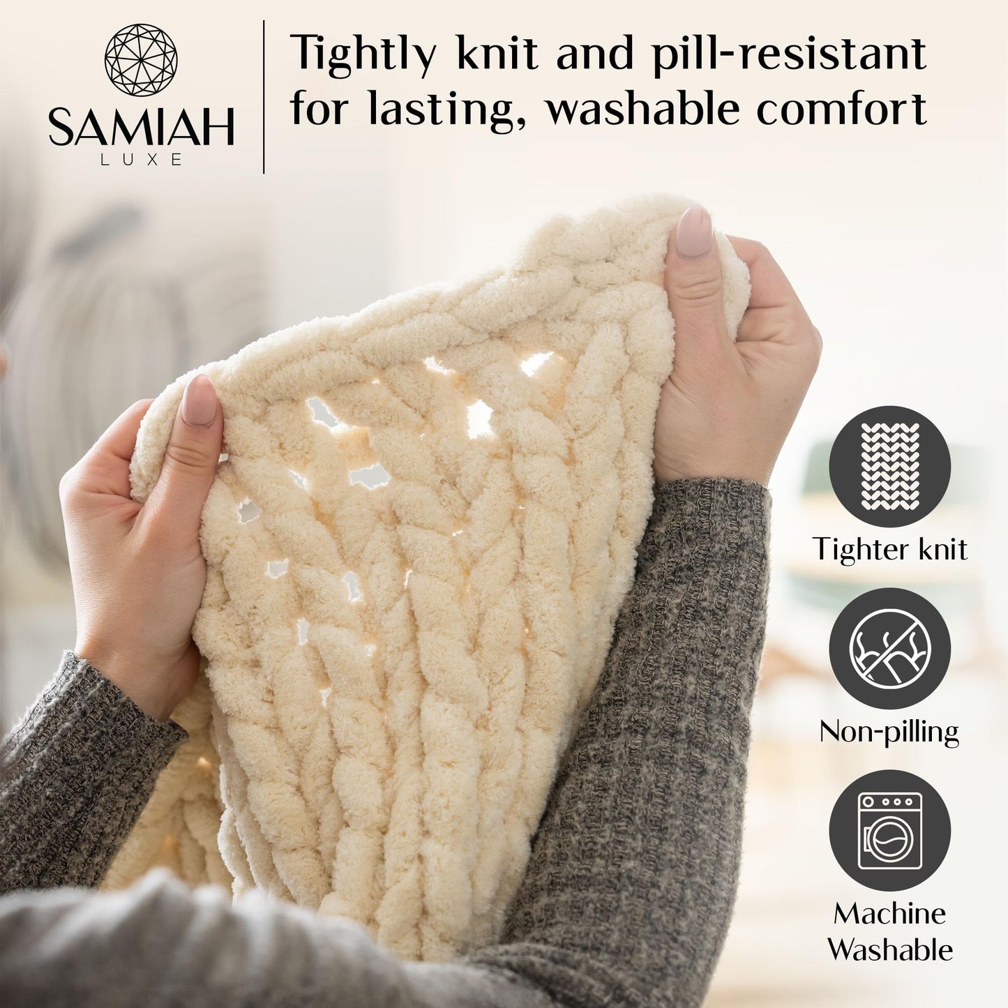 SAMIAH LUXE Chunky Knit Blanket Throw 50x70, Cream Chunky Knit Throw Blanket for Couch, Large Chunky Knitted Throw Blanket, Chenille Throw Blanket, Knit Throw Blanket for Bed, Knit Chunky Blanket