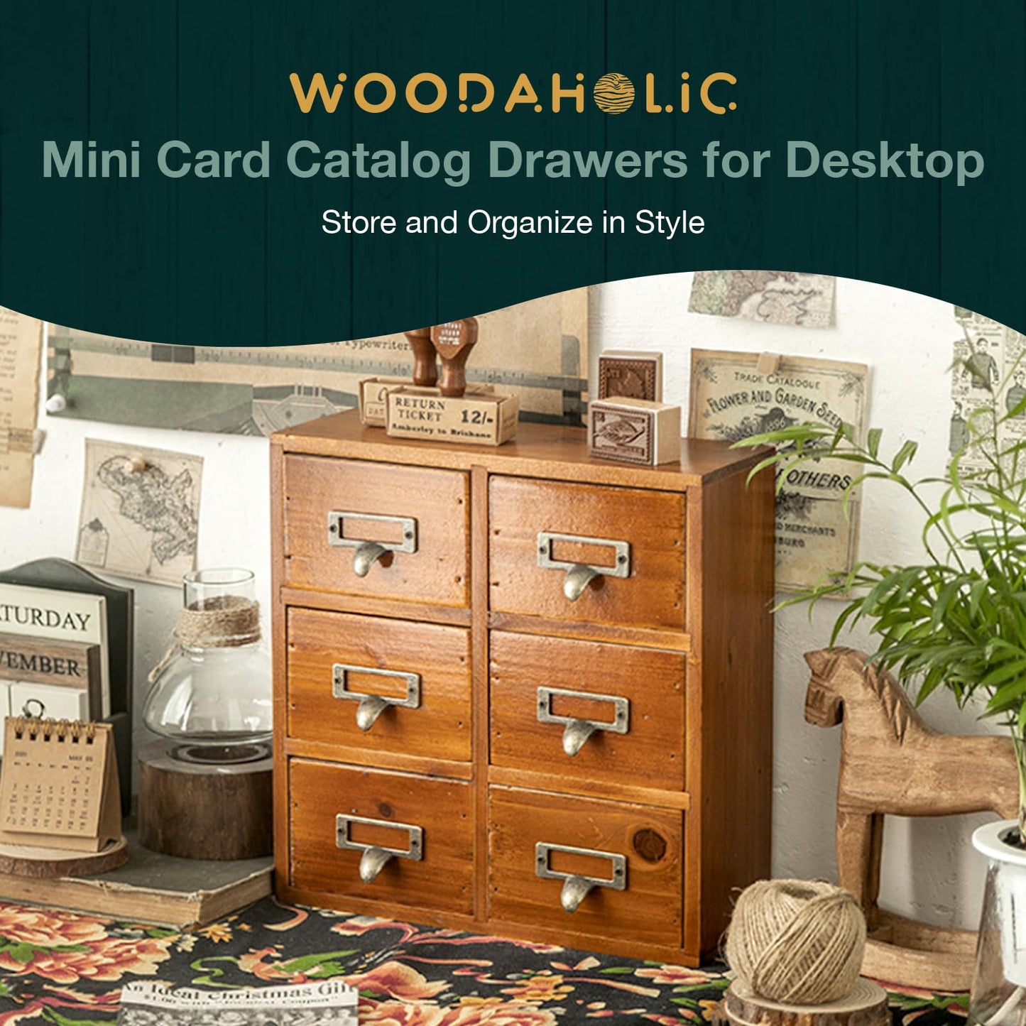 Vintage Card Catalog Drawers for Desktop - 6-Drawer Mini Wood Desktop Cabinet for Office Study Table - Solid Wood Storage Drawers for Table - Mahogany Wood Organizer Cabinet Drawers, Fully Assembled