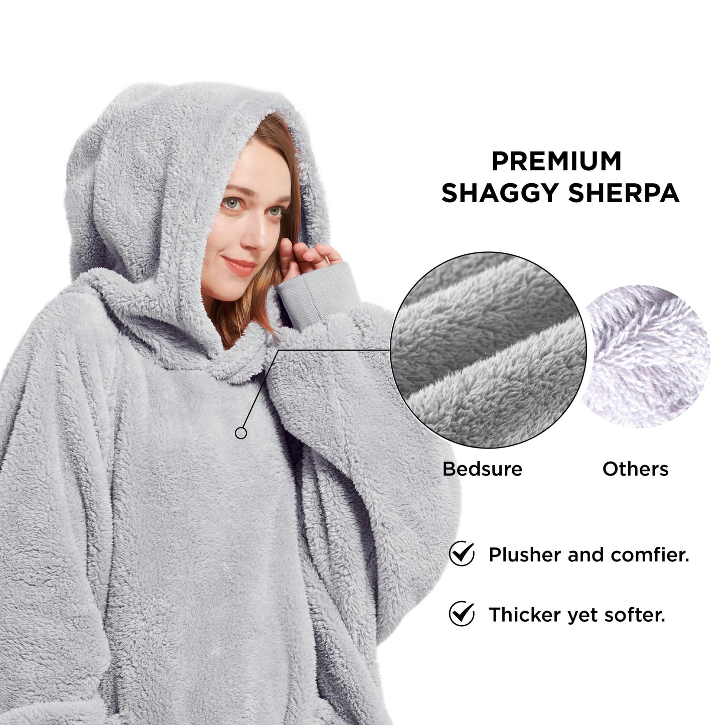 Bedsure Wearable Blanket Hoodie Gifts for Women - Cozy Sherpa Hoodie Blanket for Adult Men, Warm Hooded Blanket Sweatshirt, Grey