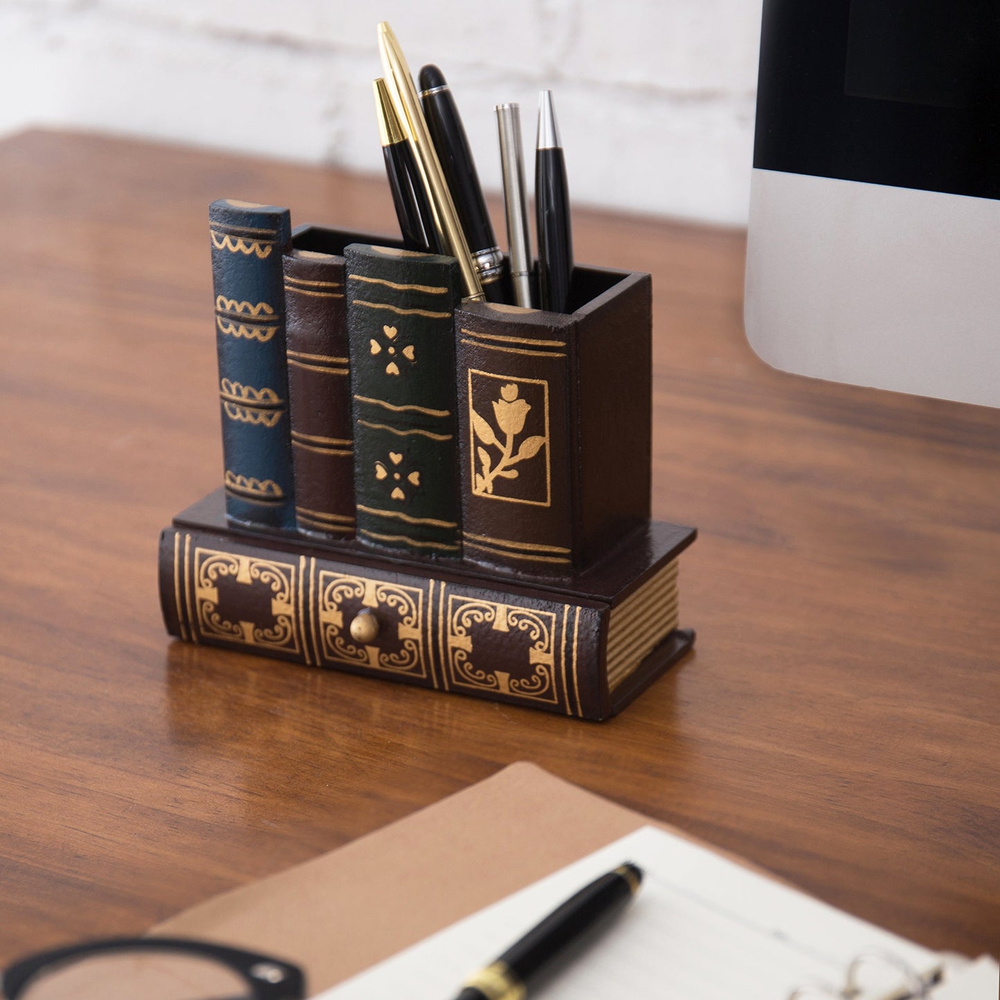 MyGift Decorative Desk Organizer Caddy, Pencil and Pen Holder with Bottom Storage Drawer and Antique Library Books Design