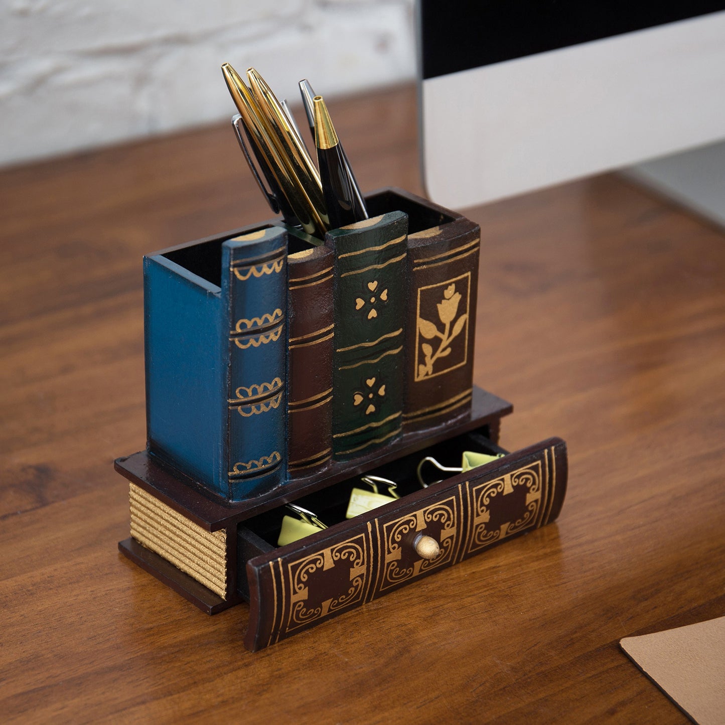 MyGift Decorative Desk Organizer Caddy, Pencil and Pen Holder with Bottom Storage Drawer and Antique Library Books Design